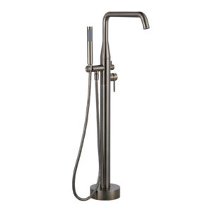 Double Handle Floor Mounted Freestanding Tub Faucet with Handheld Shower in Antique Bronze