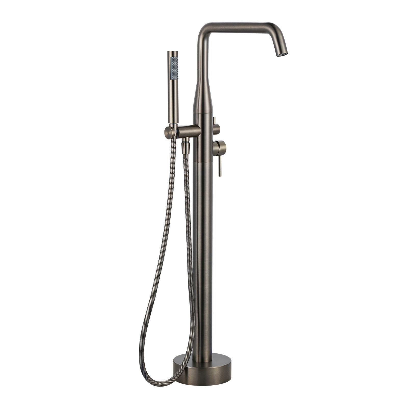 Double Handle Floor Mounted Freestanding Tub Faucet with Handheld Shower in Antique Bronze
