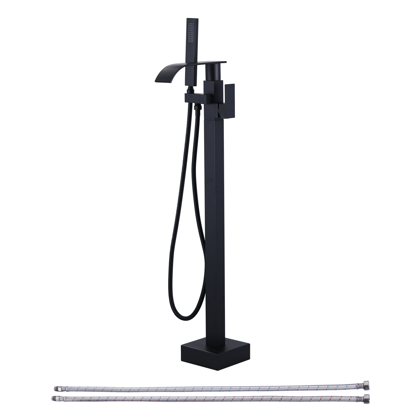 Waterfall Single-Handle Freestanding Tub Faucet, Floor Mount Bathtub Filler with Hand Shower in Matte Black