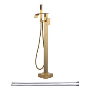 Waterfall Single-Handle Freestanding Tub Faucet, Floor Mount Bathtub Filler with Hand Shower in Brushed Gold
