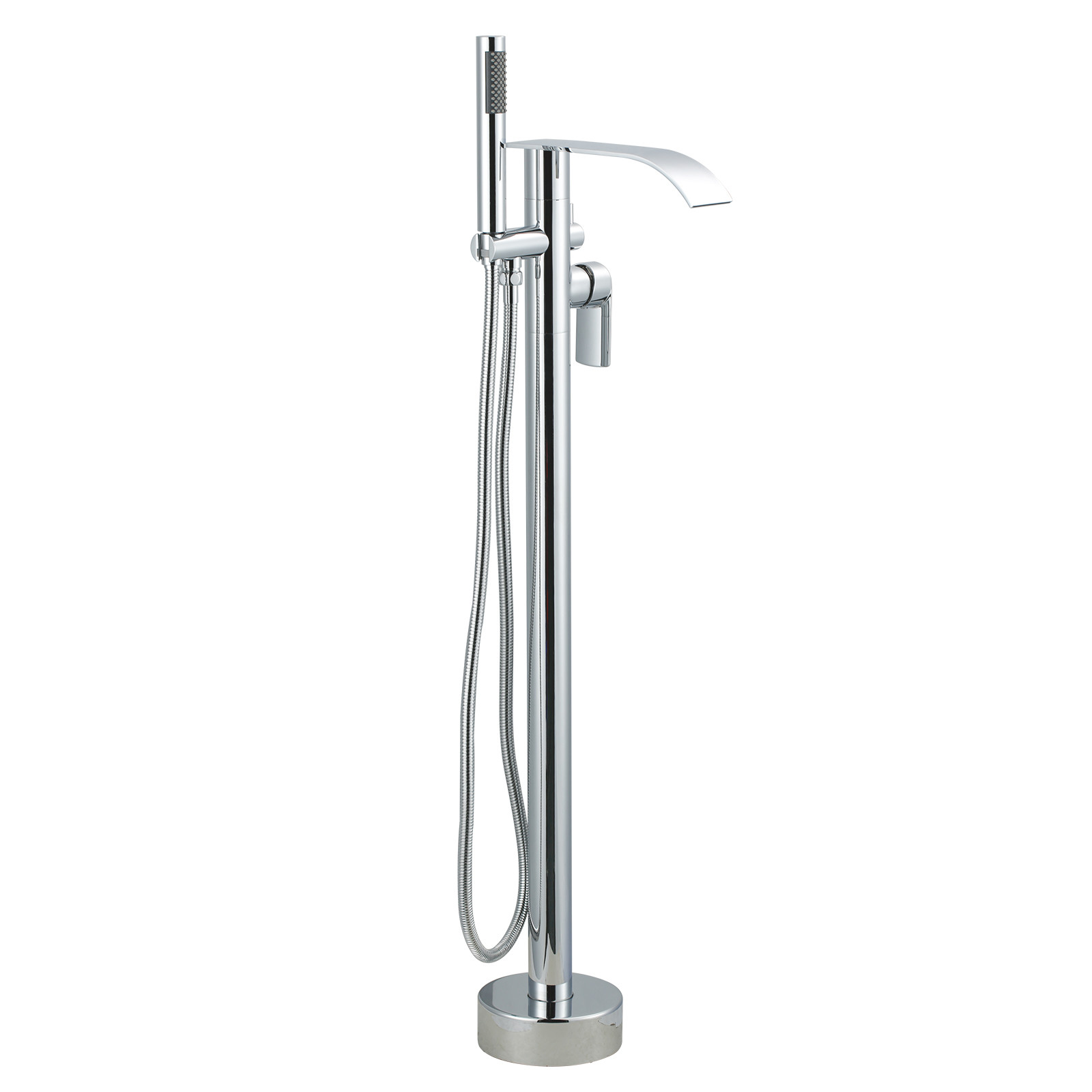 Single-Handle Freestanding Tub Faucet with Hand Shower, Waterfall Floor Mount Bathtub Filler in Polished Chrome