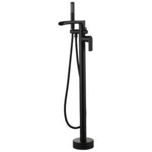 1-Handle Waterfall Freestanding Floor Mount Tub Faucet Bathtub Filler with Hand Shower in Matte Black