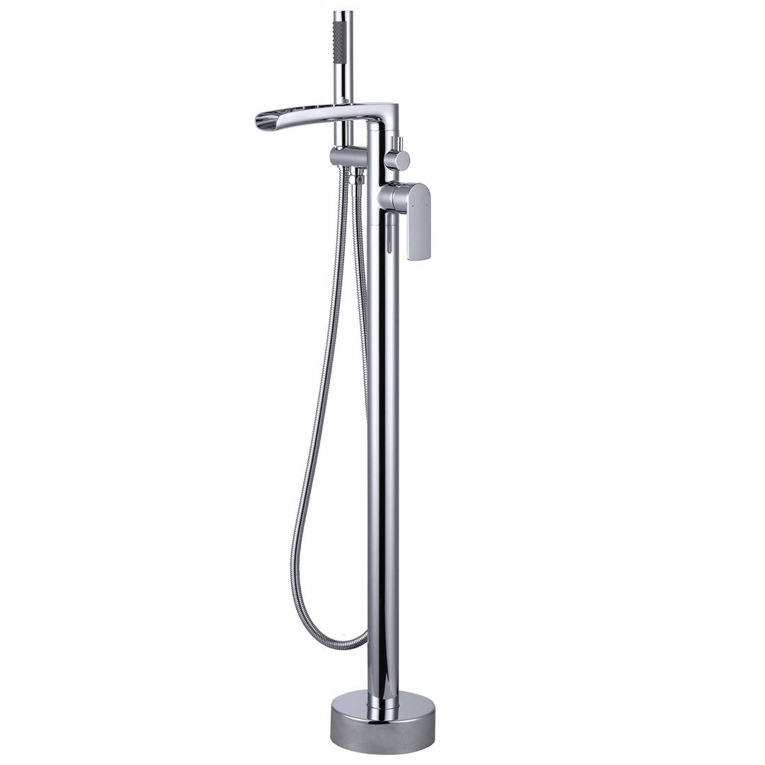 1-Handle Waterfall Freestanding Floor Mount Tub Faucet Bathtub Filler with Hand Shower in Chrome