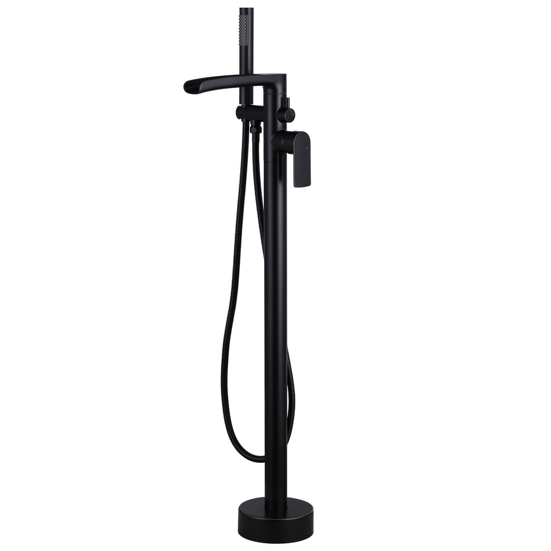 1-Handle Waterfall Freestanding Floor Mount Tub Faucet Bathtub Filler with Hand Shower in Oil Rubbed Bronze