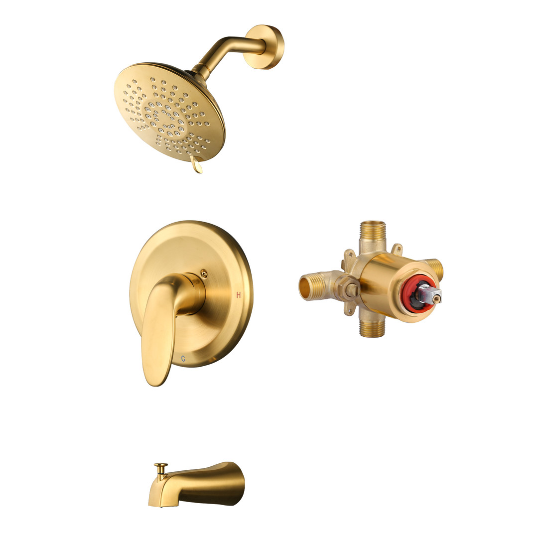 Single Handle 5-Spray Patterns Shower Faucet with 1.8 GPM standard Valve Included with Pressure Shower Head in Gold