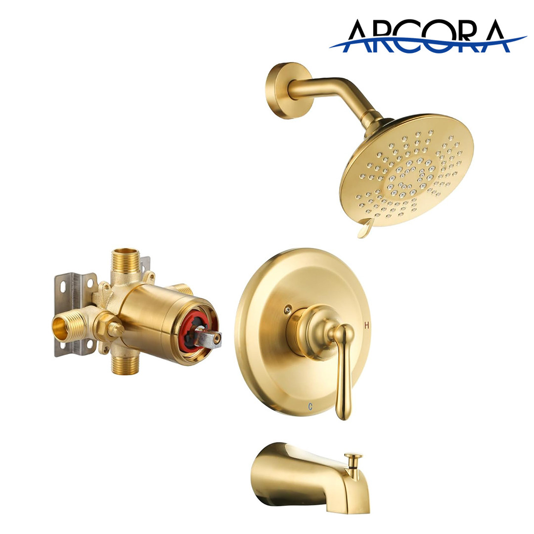 ARCORA Brushed Gold Wall Mounted Shower System with 6-Inch Rain Shower Head and Tub Spout
