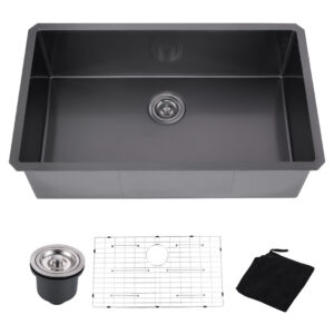 32 in Drop in Undermount Single Bowl 18 Gauge Gunmetal Black Stainless Steel Kitchen Sink with Bottom Grids