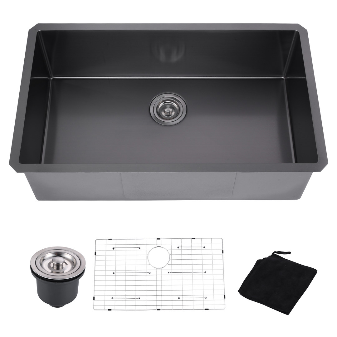 32 in Drop in Undermount Single Bowl 18 Gauge Gunmetal Black Stainless Steel Kitchen Sink with Bottom Grids