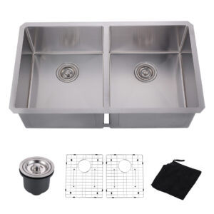 33 in. Drop in Undermount Double Bowl 16 Gauge Gunmetal Brushed Nickel Stainless Steel Kitchen Sink with Bottom Grids