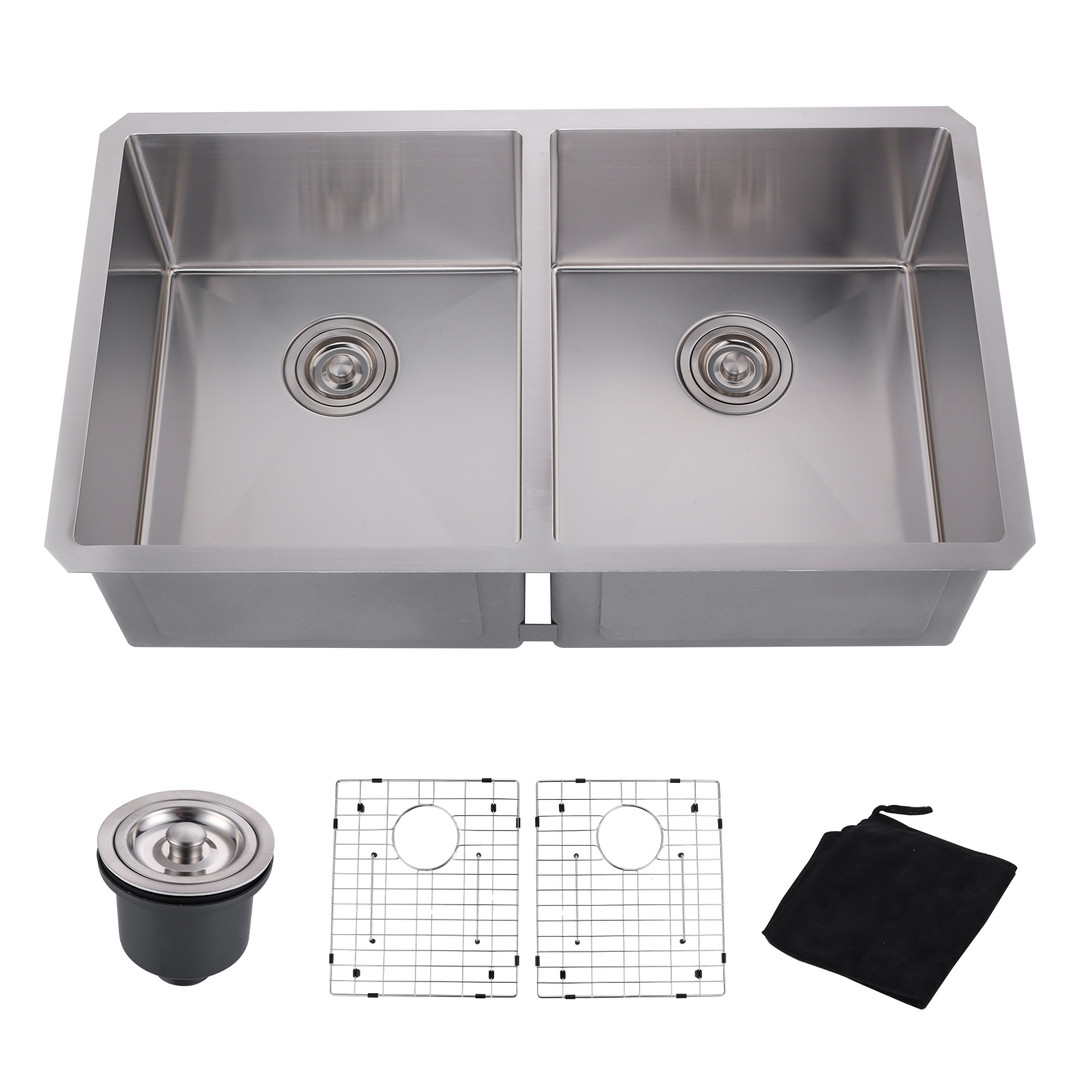 33 in. Drop in Undermount Double Bowl 16 Gauge Gunmetal Brushed Nickel Stainless Steel Kitchen Sink with Bottom Grids