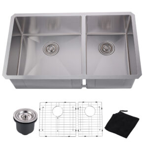 33 in. Drop in Undermount Double Bowl 18 Gauge Gunmetal Brushed Nickel Stainless Steel Kitchen Sink with Bottom Grids