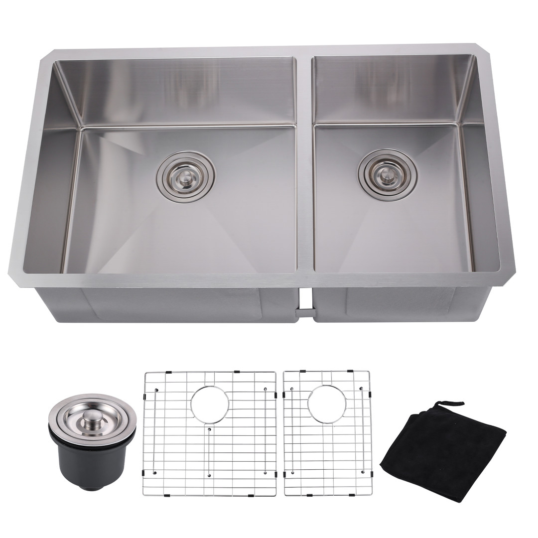 33 in. Drop in Undermount Double Bowl 18 Gauge Gunmetal Brushed Nickel Stainless Steel Kitchen Sink with Bottom Grids