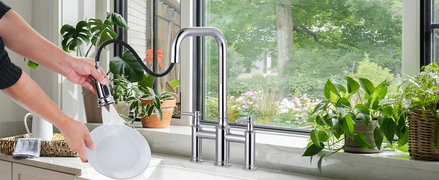 ARCORA Chrome High Arched Bridge Farmhouse Kitchen Faucet with Pull Down Sprayer - Centerset Bathroom Faucets - 2