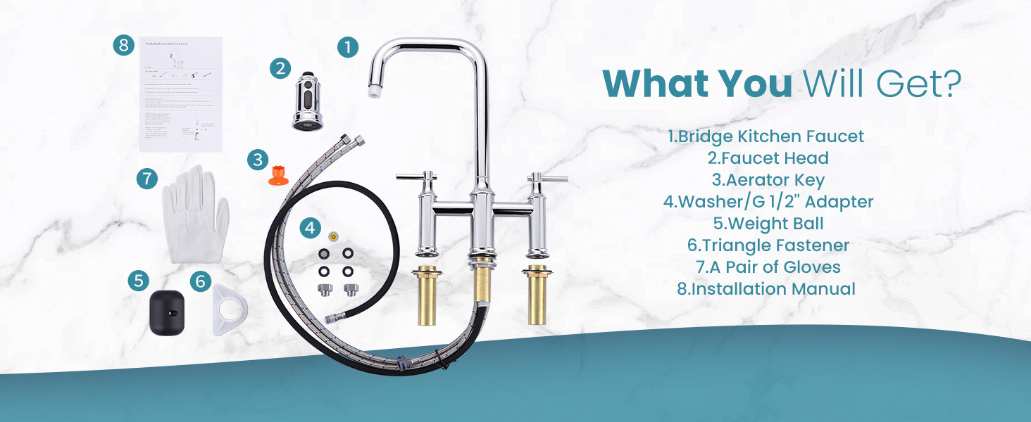 ARCORA Chrome High Arched Bridge Farmhouse Kitchen Faucet with Pull Down Sprayer - Centerset Bathroom Faucets - 5