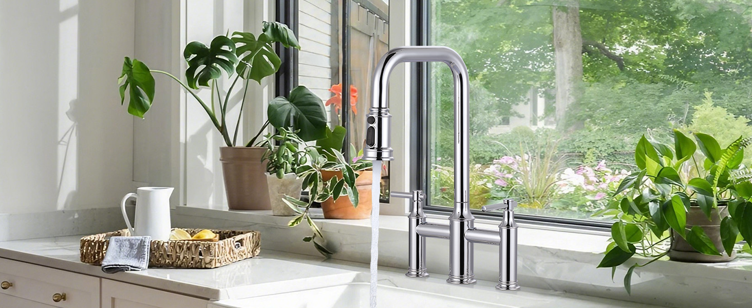 ARCORA Chrome High Arched Bridge Farmhouse Kitchen Faucet with Pull Down Sprayer - Centerset Bathroom Faucets - 3