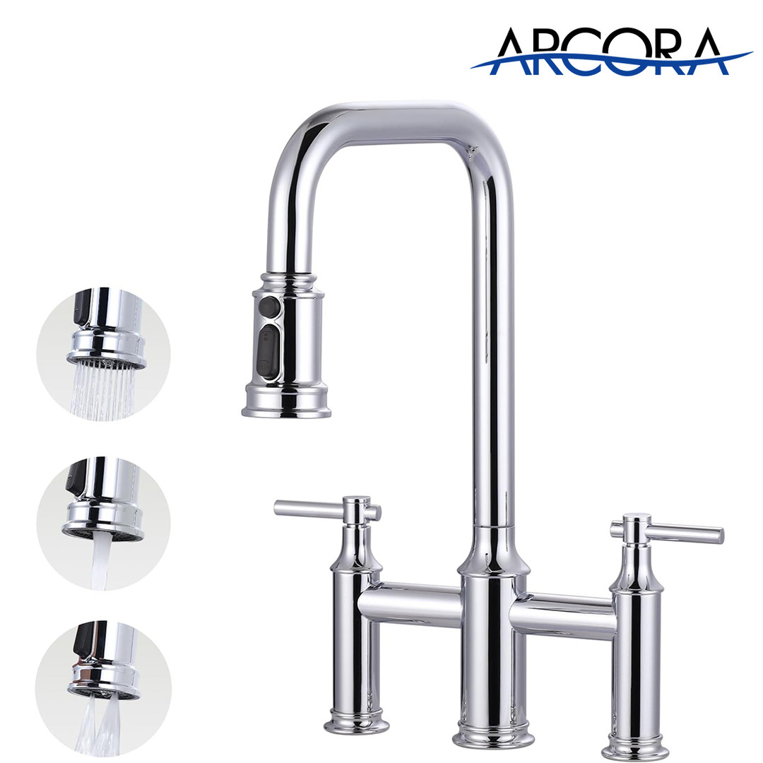 ARCORA Chrome High Arched Bridge Farmhouse Kitchen Faucet with Pull Down Sprayer