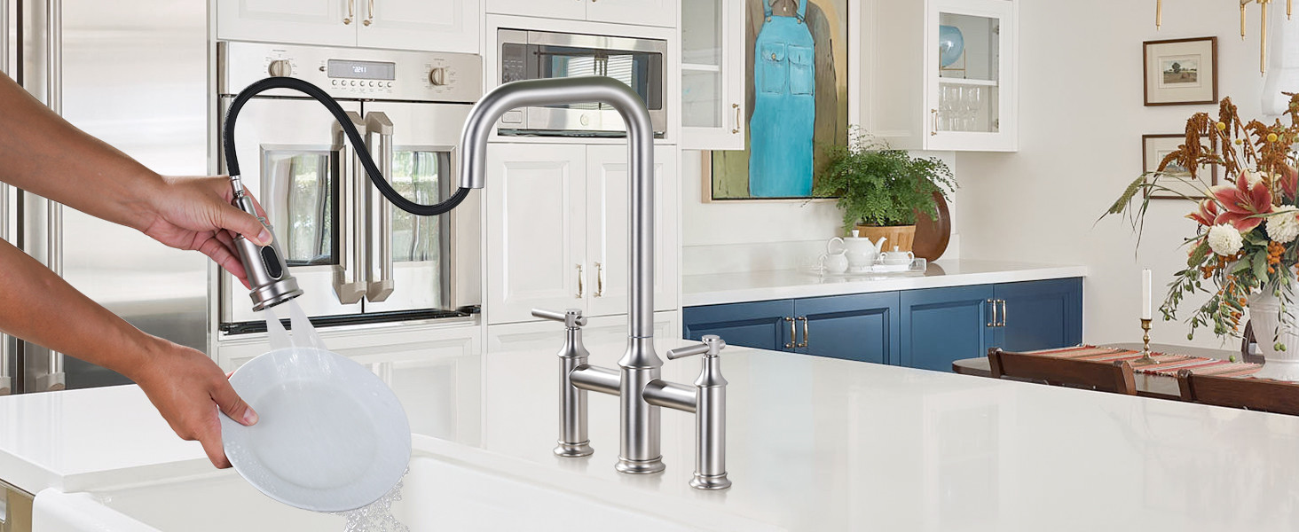 ARCORA Brushed Nickel High Arched Bridge Farmhouse Kitchen Faucet with Pull Down Sprayer - Centerset Bathroom Faucets - 2