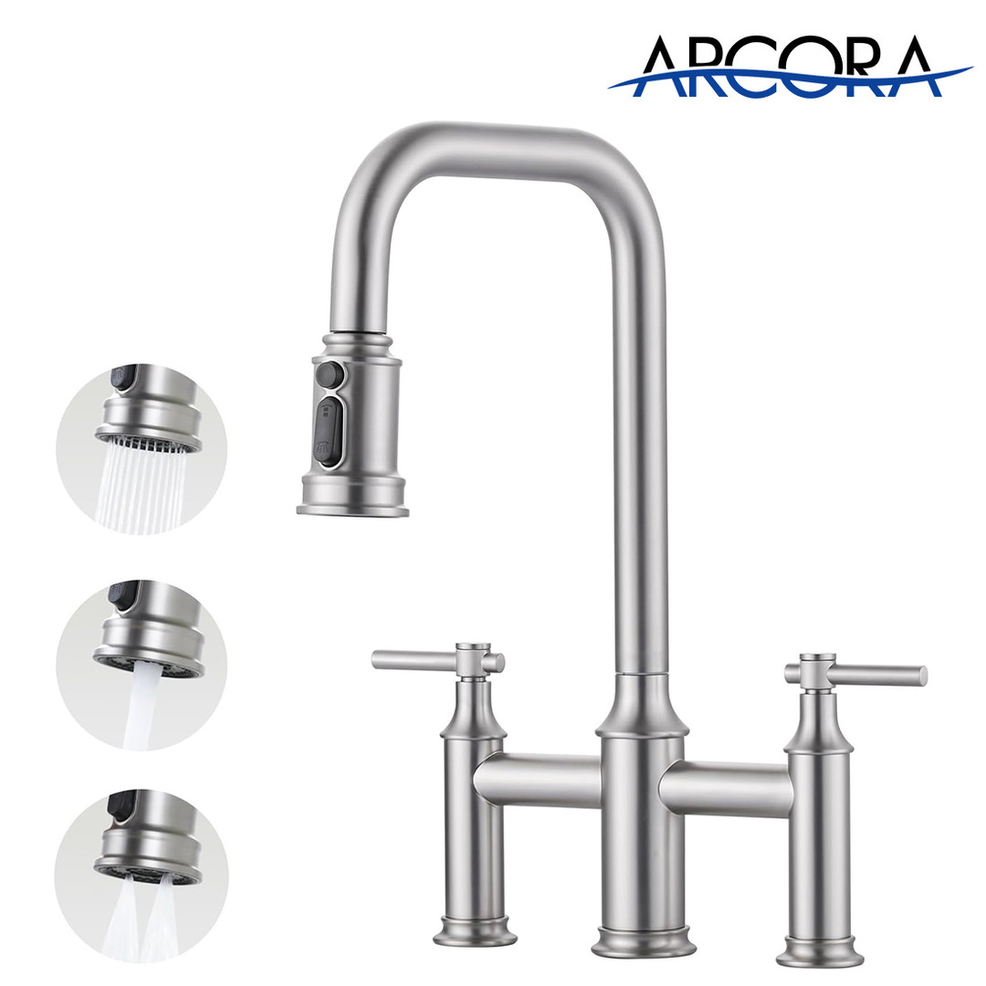 ARCORA Brushed Nickel High Arched Bridge Farmhouse Kitchen Faucet with Pull Down Sprayer