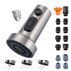 3-Function Kitchen Faucet Head Replacement with 13 Adapters, Stainless Steel Kitchen Faucet Head, Pull Down Spray Head Compatible with Moen, Delta, American Standard Faucets