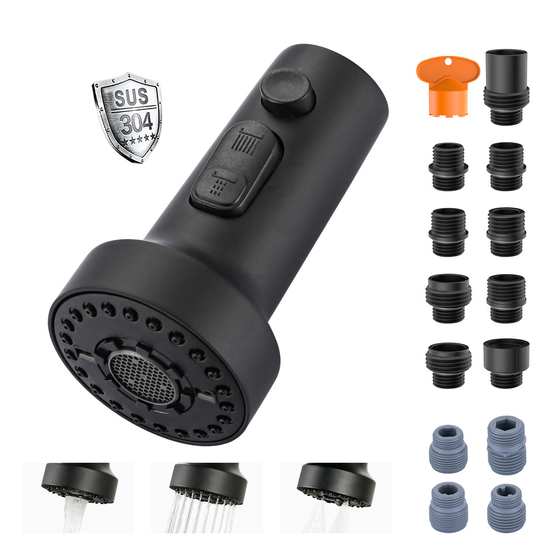 3-Function Kitchen Faucet Head Replacement with 13 Adapters, Stainless Steel Kitchen Faucet Head, Pull Down Spray Head Compatible with Moen, Delta, American Standard Faucets