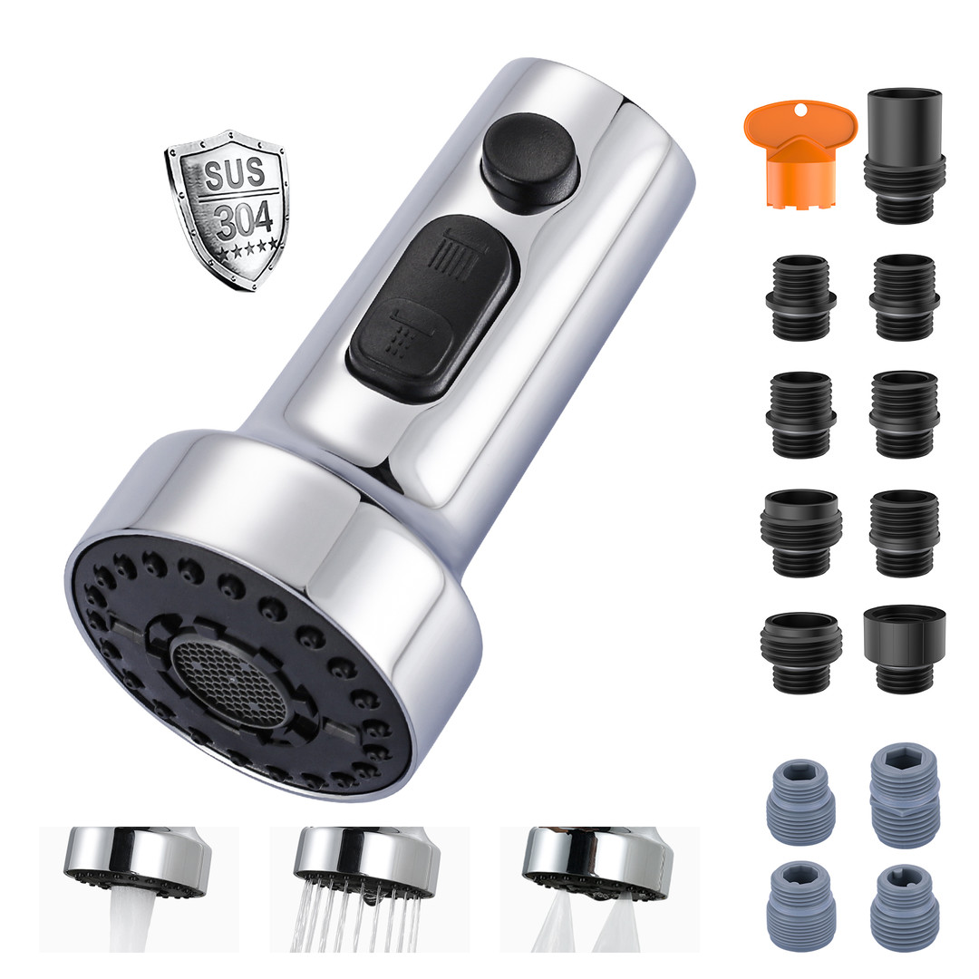3-Function Kitchen Faucet Head Replacement with 13 Adapters, Stainless Steel Kitchen Faucet Head, Pull Down Spray Head Compatible with Moen, Delta, American Standard Faucets