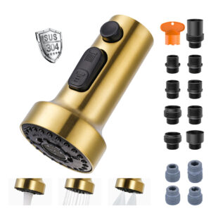 3-Function Kitchen Faucet Head Replacement with 13 Adapters, Stainless Steel Kitchen Faucet Head, Pull Down Spray Head Compatible with Moen, Delta, American Standard Faucets