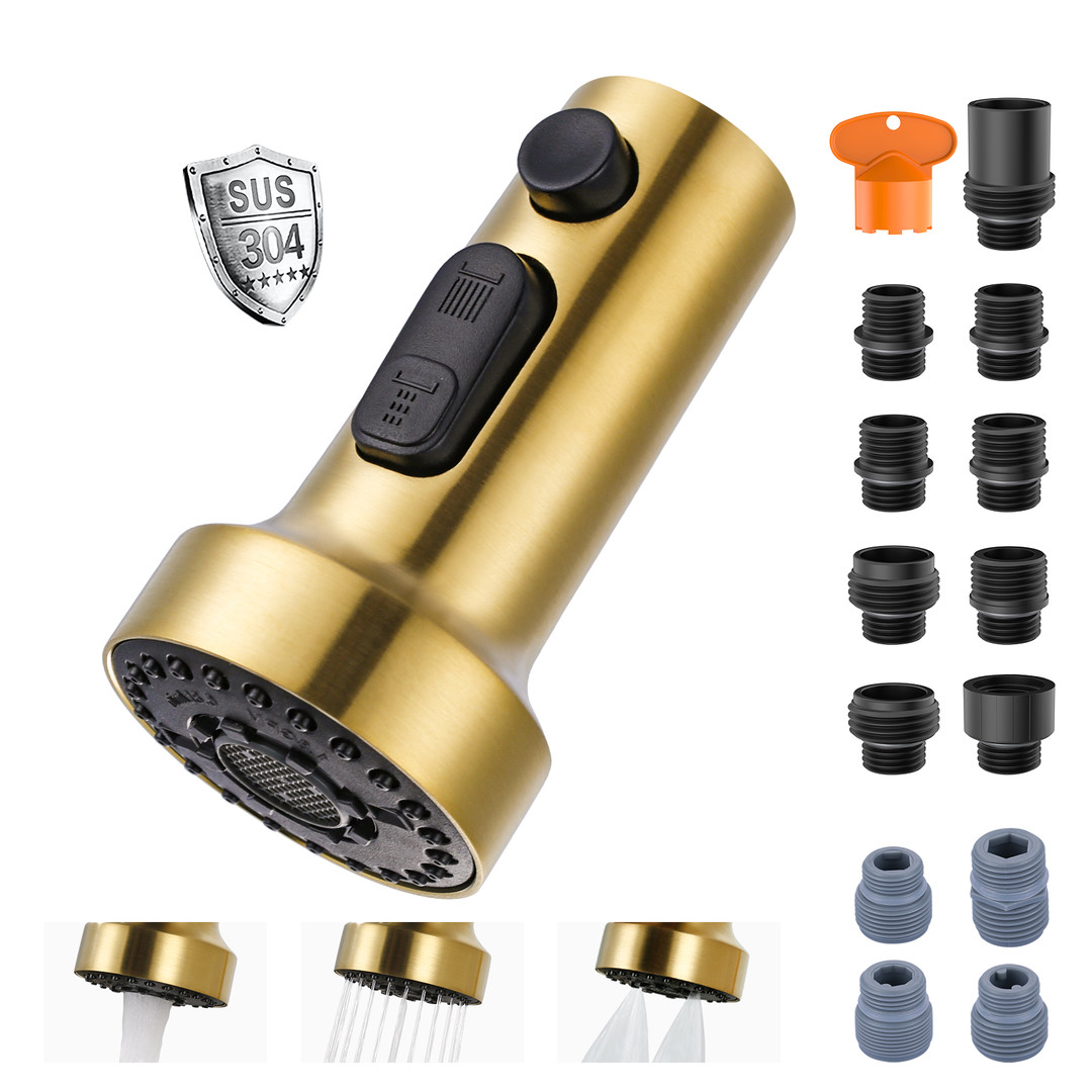 3-Function Kitchen Faucet Head Replacement with 13 Adapters, Stainless Steel Kitchen Faucet Head, Pull Down Spray Head Compatible with Moen, Delta, American Standard Faucets