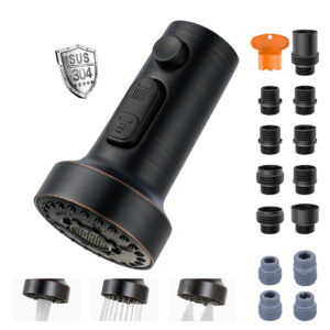 3-Function Kitchen Faucet Head Replacement with 13 Adapters, Stainless Steel Kitchen Faucet Head, Pull Down Spray Head Compatible with Moen, Delta, American Standard Faucets