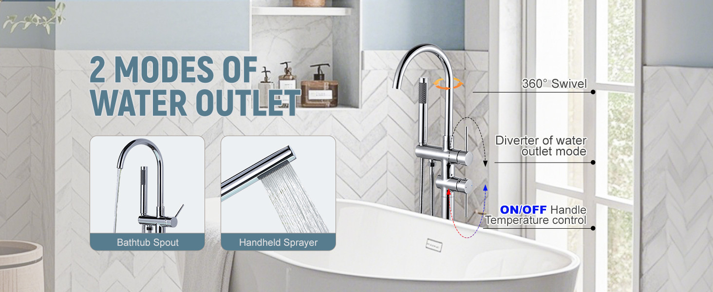 ARCORA Chrome High Flow Freestanding Bathtub Faucet with Handheld Sprayer - Bathtub Faucets - 3