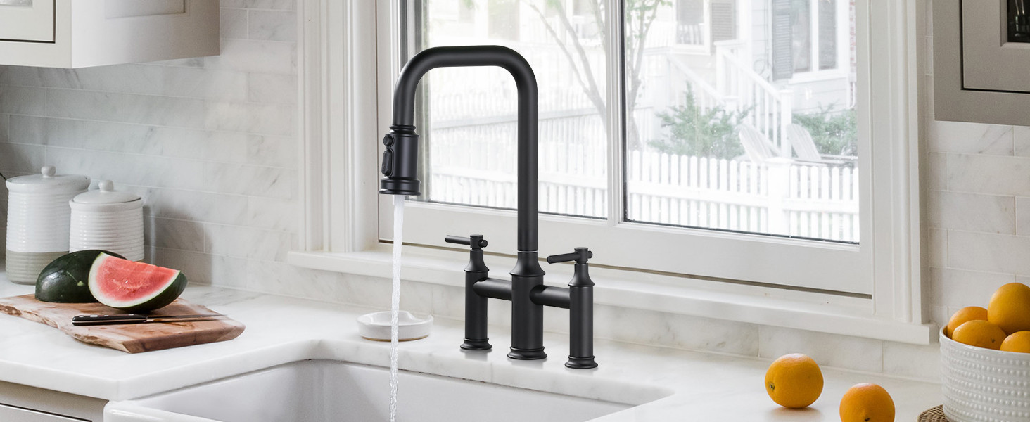 ARCORA Matte Black High Arched Bridge Farmhouse Kitchen Faucet with Pull Down Sprayer - Centerset Bathroom Faucets - 3