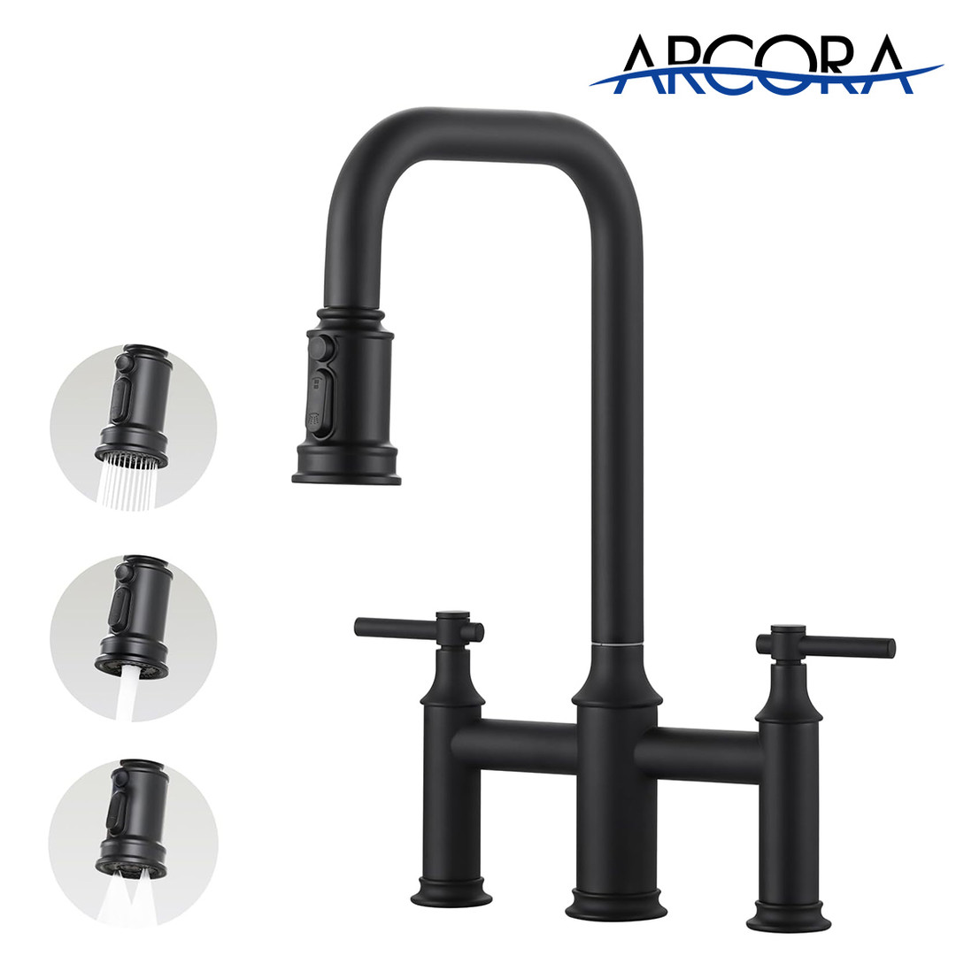 ARCORA Matte Black High Arched Bridge Farmhouse Kitchen Faucet with Pull Down Sprayer