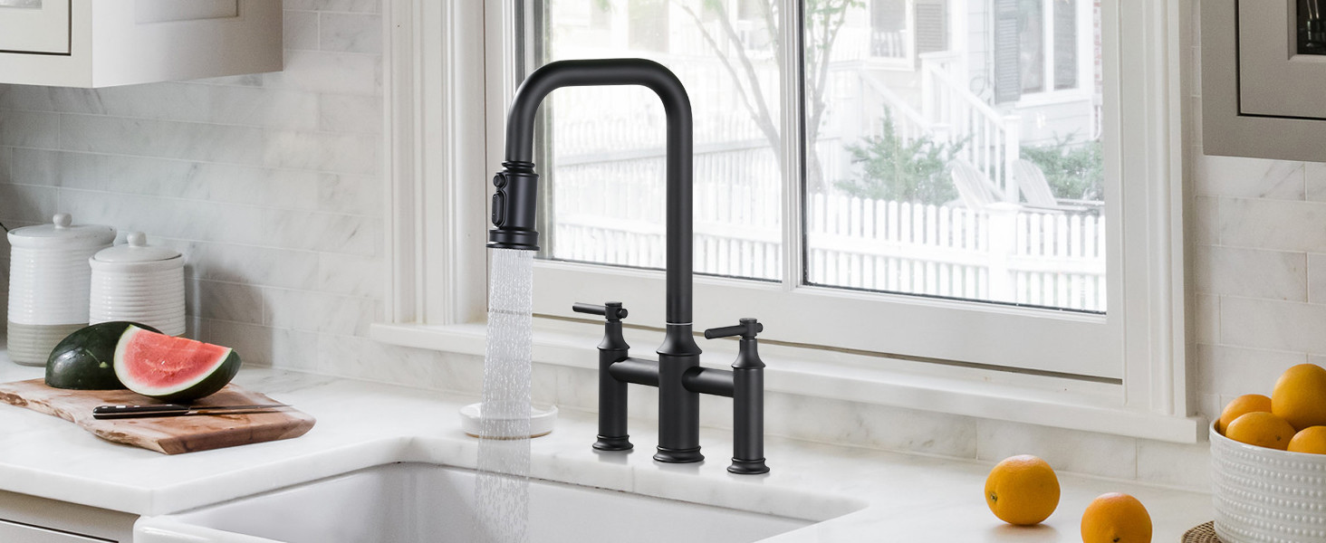 ARCORA Matte Black High Arched Bridge Farmhouse Kitchen Faucet with Pull Down Sprayer - Centerset Bathroom Faucets - 2