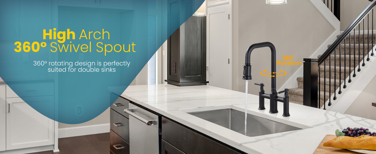 ARCORA Matte Black High Arched Bridge Farmhouse Kitchen Faucet with Pull Down Sprayer - Centerset Bathroom Faucets - 4