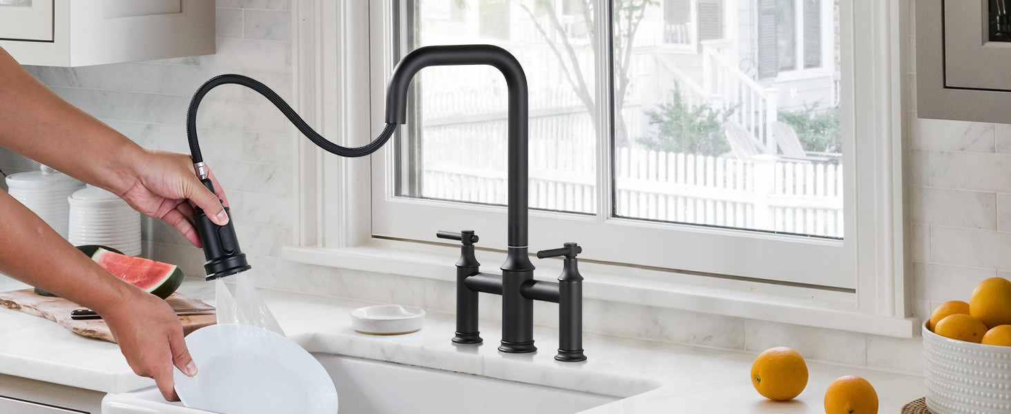ARCORA Matte Black High Arched Bridge Farmhouse Kitchen Faucet with Pull Down Sprayer - Centerset Bathroom Faucets - 5