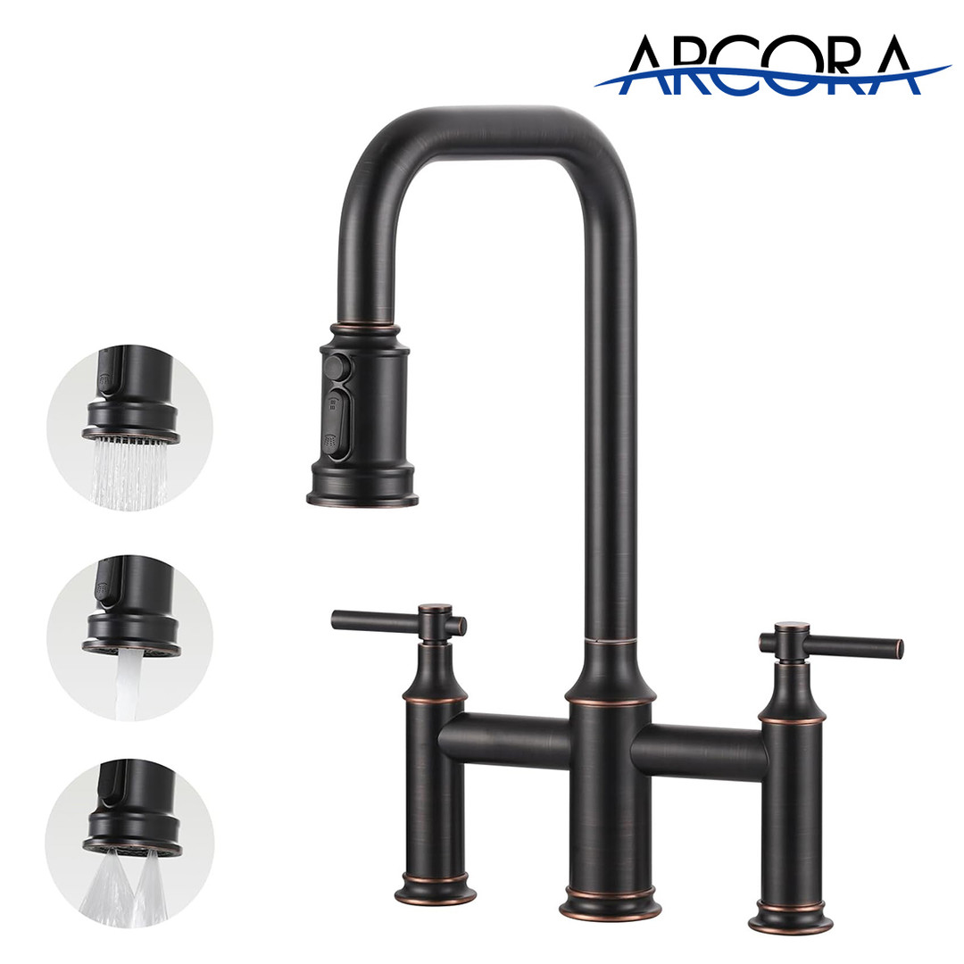 ARCORA Oil Rubbed Bronze High Arched Bridge Farmhouse Kitchen Faucet with Pull Down Sprayer