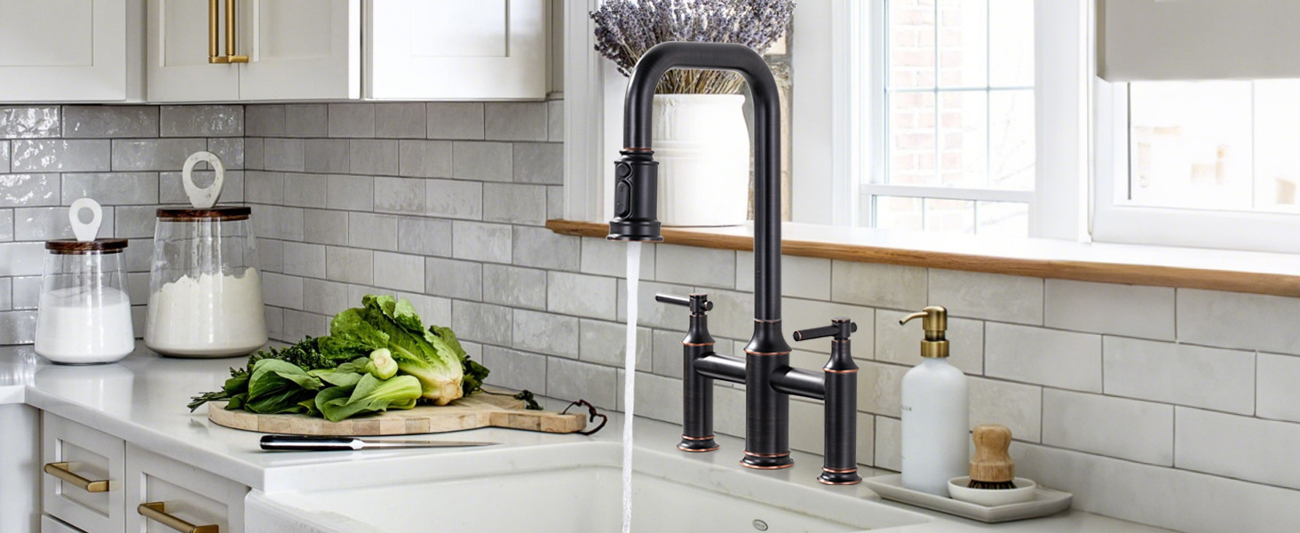 ARCORA Oil Rubbed Bronze High Arched Bridge Farmhouse Kitchen Faucet with Pull Down Sprayer - Centerset Bathroom Faucets - 3