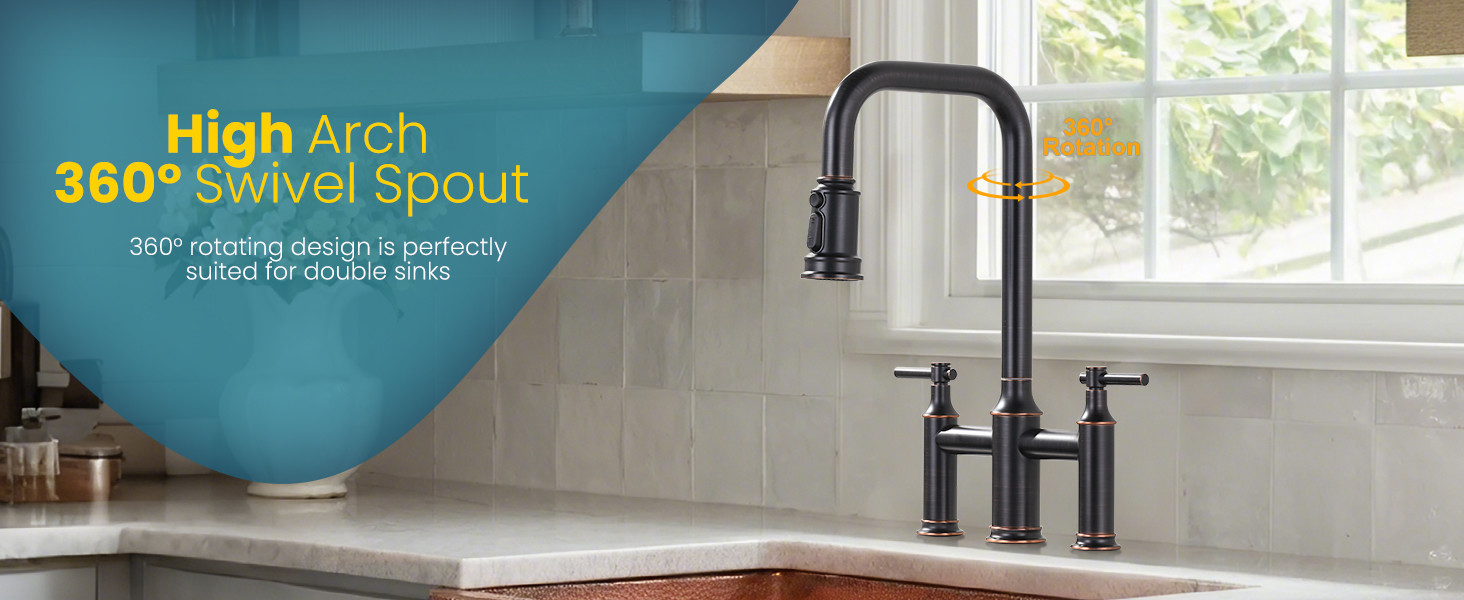 ARCORA Oil Rubbed Bronze High Arched Bridge Farmhouse Kitchen Faucet with Pull Down Sprayer - Centerset Bathroom Faucets - 2