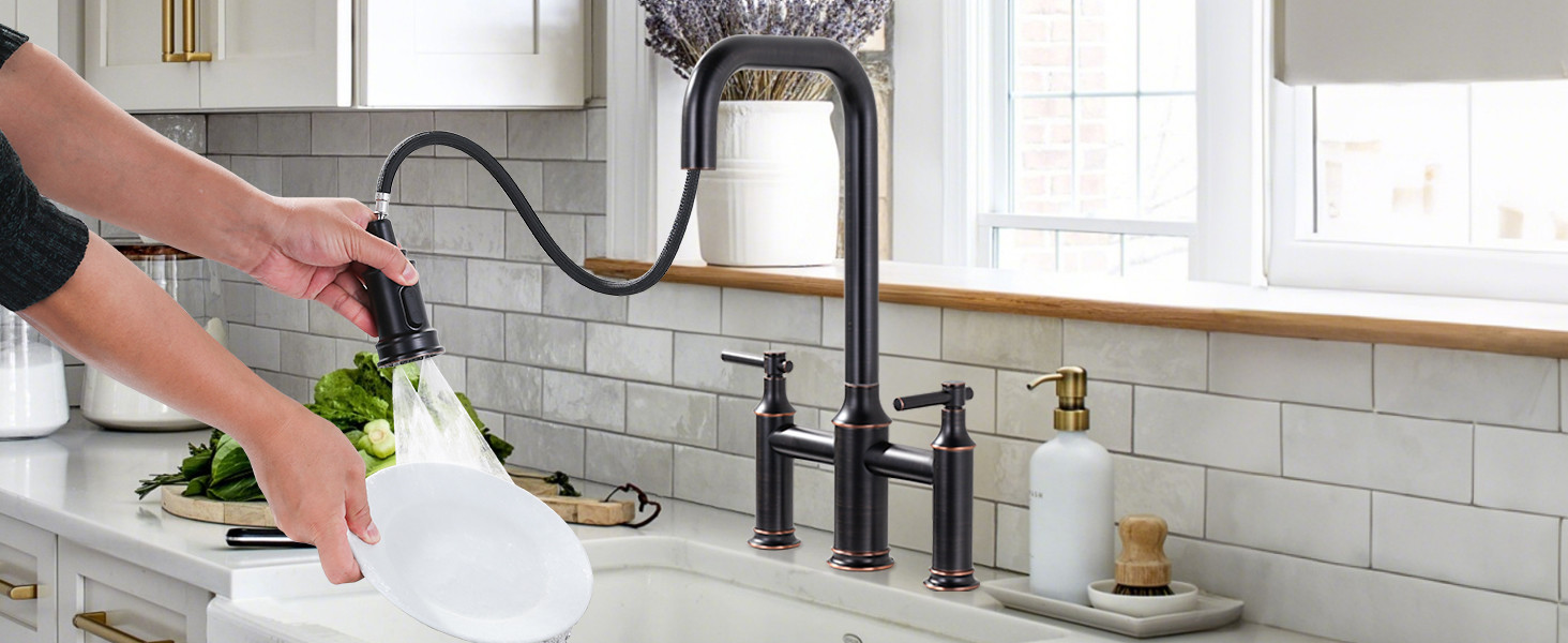 ARCORA Oil Rubbed Bronze High Arched Bridge Farmhouse Kitchen Faucet with Pull Down Sprayer - Centerset Bathroom Faucets - 1