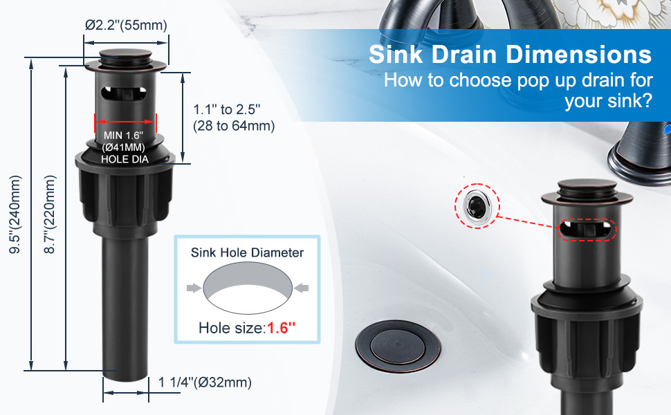ARCORA X3005 pop up sink drain dimensions: 2.2 inch cap, 9.5 inch overall length, 1-1/4 inch tailpiece, minimum 1.6 inch sink hole